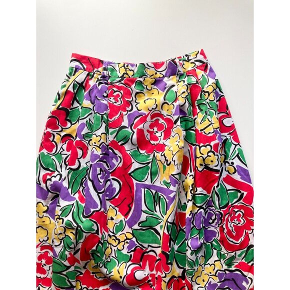 Vintage 90's LANA LEE Floral Print Cotton Pleated A-Line Midi Skirt, Size 9/10 - Picture 7 of 13